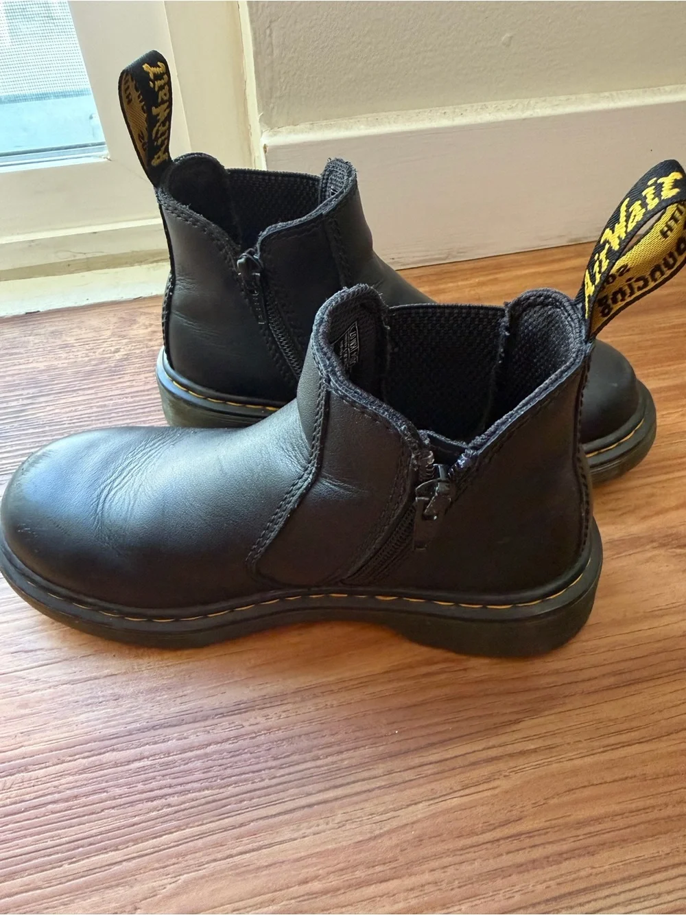 Dr. Martens Kids Black Leather Zip Chelsea Boots with Yellow Heel Loop